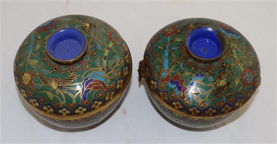 A pair of Chinese cloisonné enamel bowls and covers, first half 19th century, diameter 13.5cm, some losses